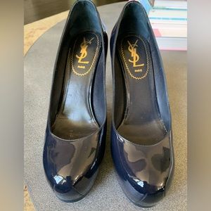 YSL Navy Blue Patent Tribtoo Platform Heel 6.5